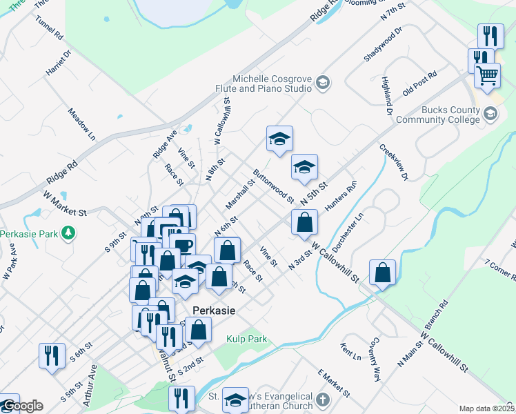 map of restaurants, bars, coffee shops, grocery stores, and more near 532 West Callowhill Street in Perkasie