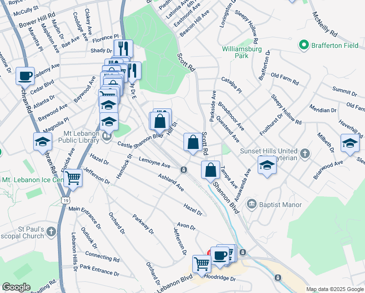 map of restaurants, bars, coffee shops, grocery stores, and more near 235 Castle Shannon Boulevard in Pittsburgh