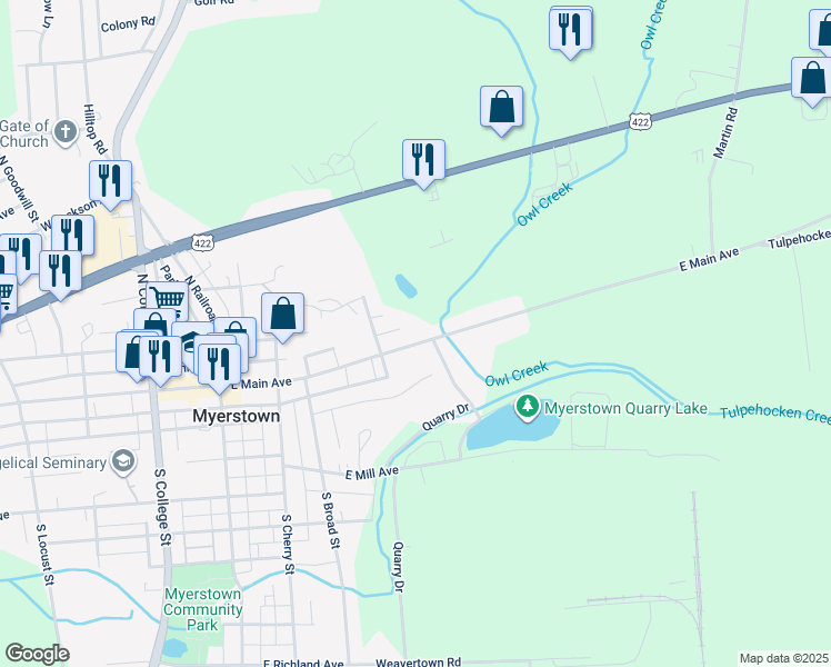 map of restaurants, bars, coffee shops, grocery stores, and more near 309 E Main Ave in Myerstown
