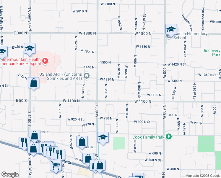 map of restaurants, bars, coffee shops, grocery stores, and more near 1210 N 1200 W in Pleasant Grove