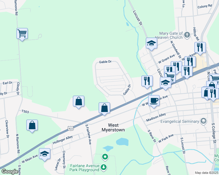 map of restaurants, bars, coffee shops, grocery stores, and more near 218 Limestone Drive in Myerstown