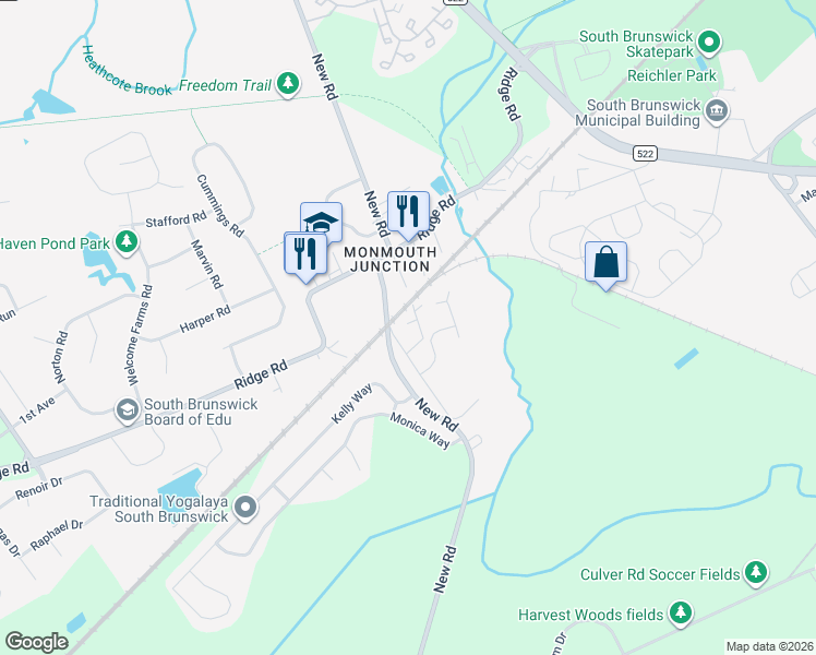 map of restaurants, bars, coffee shops, grocery stores, and more near 55 Old New Road in South Brunswick Township