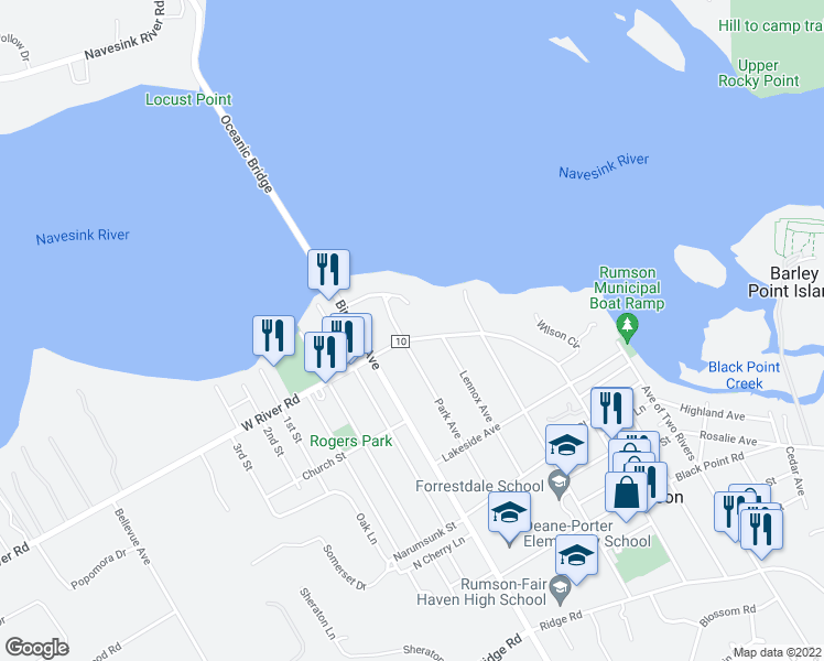 map of restaurants, bars, coffee shops, grocery stores, and more near 14 East River Road in Rumson