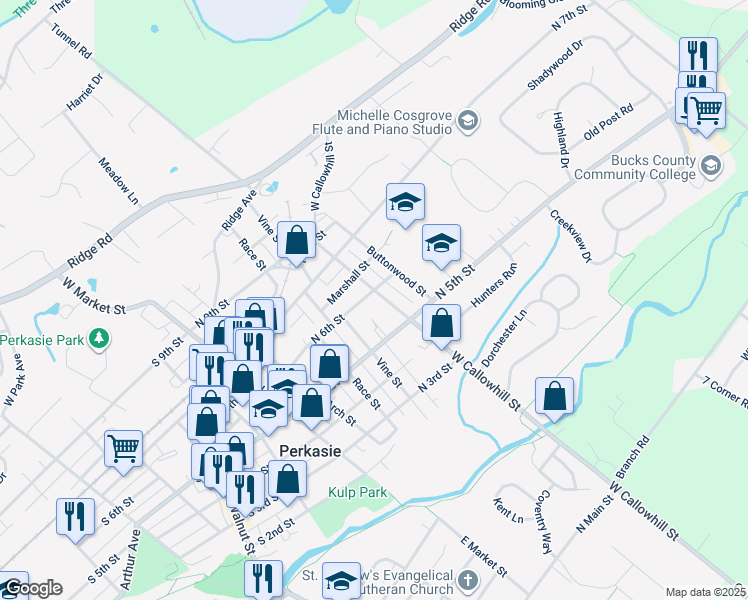 map of restaurants, bars, coffee shops, grocery stores, and more near 532 West Callowhill Street in Perkasie