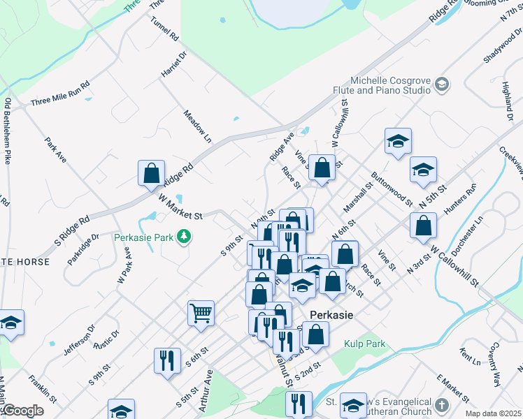 map of restaurants, bars, coffee shops, grocery stores, and more near 102 Ridge Avenue in Perkasie