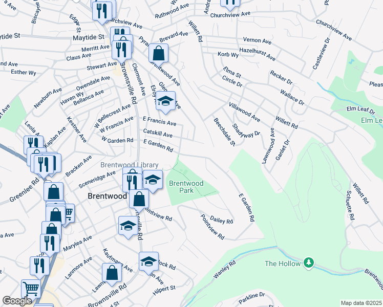 map of restaurants, bars, coffee shops, grocery stores, and more near 321 East Garden Road in Pittsburgh