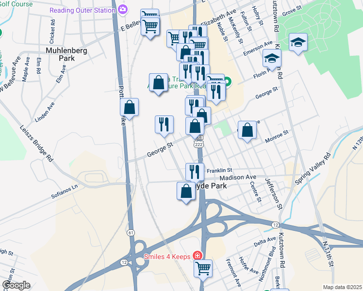 map of restaurants, bars, coffee shops, grocery stores, and more near 520 Muhlenberg Street in Reading