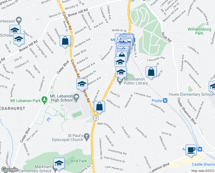 map of restaurants, bars, coffee shops, grocery stores, and more near 834 Washington Road in Pittsburgh