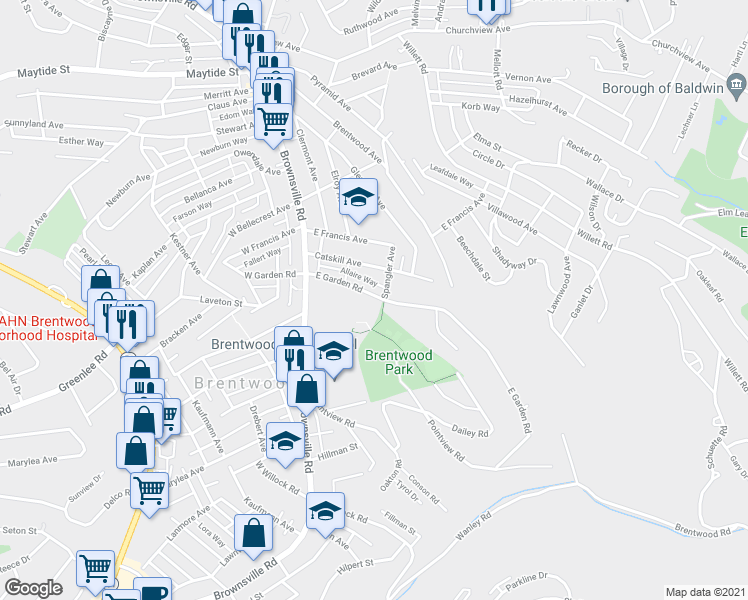 map of restaurants, bars, coffee shops, grocery stores, and more near 230 East Garden Road in Pittsburgh