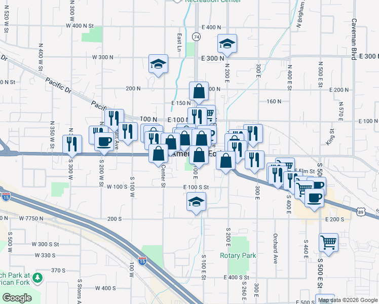 map of restaurants, bars, coffee shops, grocery stores, and more near 75 East Main Street in American Fork
