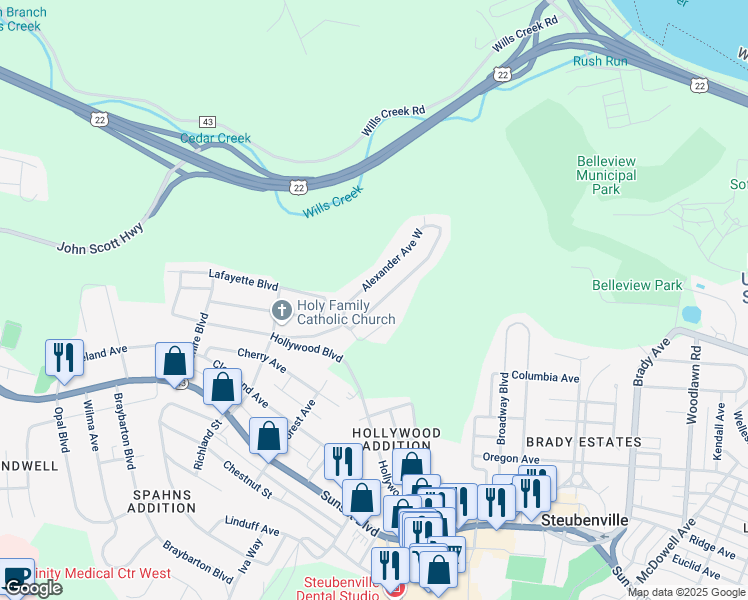 map of restaurants, bars, coffee shops, grocery stores, and more near 2443 Alexander Avenue East in Steubenville