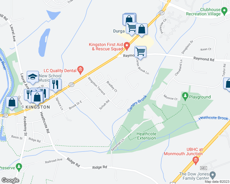 map of restaurants, bars, coffee shops, grocery stores, and more near 1104 Bradley Court in Princeton