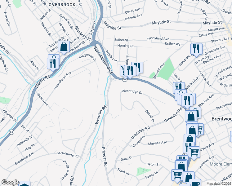 map of restaurants, bars, coffee shops, grocery stores, and more near 221 Provost Road in Pittsburgh