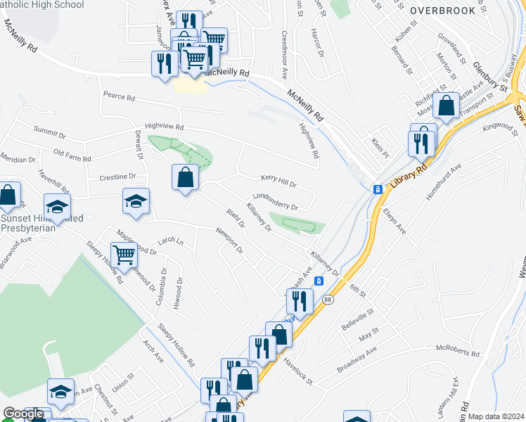 map of restaurants, bars, coffee shops, grocery stores, and more near 811 Killarney Drive in Castle Shannon