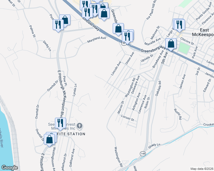 map of restaurants, bars, coffee shops, grocery stores, and more near 307 Lincoln Avenue in North Versailles