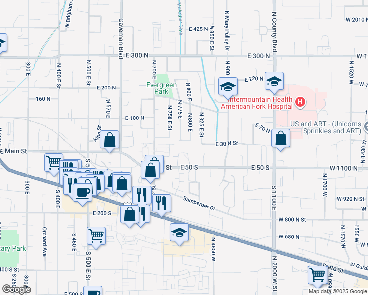 map of restaurants, bars, coffee shops, grocery stores, and more near 783 10 South in American Fork