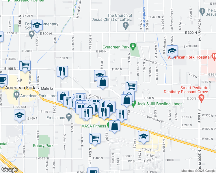 map of restaurants, bars, coffee shops, grocery stores, and more near 589 East Main Street in American Fork