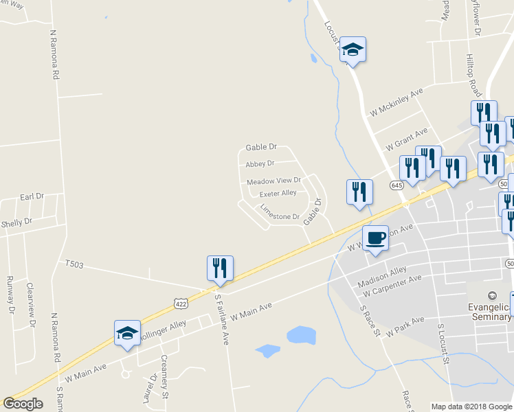 map of restaurants, bars, coffee shops, grocery stores, and more near 248 Limestone Drive in Myerstown