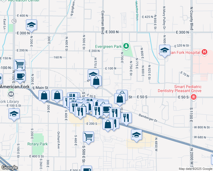 map of restaurants, bars, coffee shops, grocery stores, and more near 629 East 30 North in American Fork