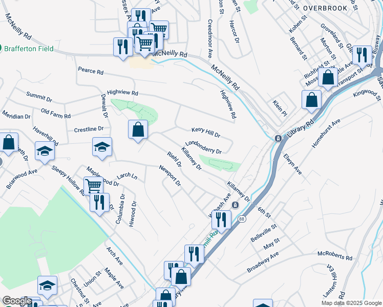 map of restaurants, bars, coffee shops, grocery stores, and more near 809 Killarney Drive in Pittsburgh