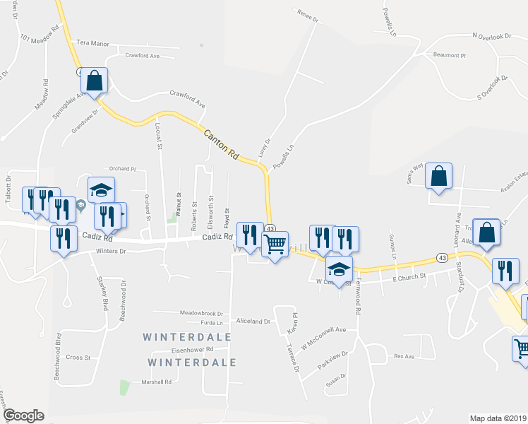 map of restaurants, bars, coffee shops, grocery stores, and more near 145 Canton Road in Steubenville