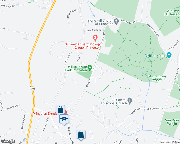 map of restaurants, bars, coffee shops, grocery stores, and more near 782 Bunn Drive in Princeton