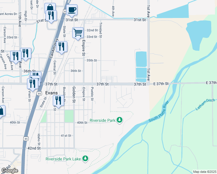 map of restaurants, bars, coffee shops, grocery stores, and more near 3705 Riverside Parkway in Evans