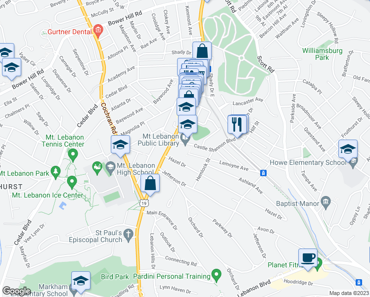 map of restaurants, bars, coffee shops, grocery stores, and more near 16 Castle Shannon Boulevard in Pittsburgh
