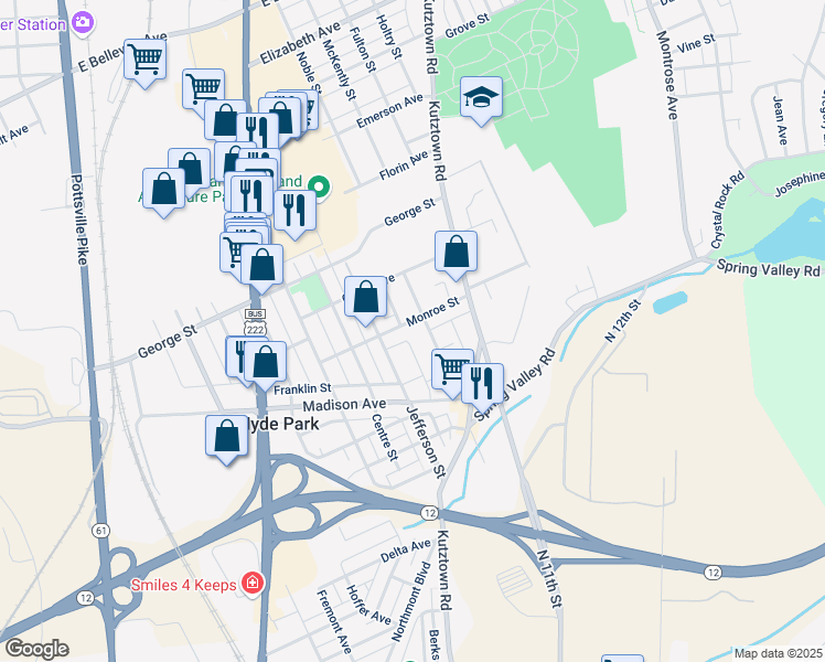 map of restaurants, bars, coffee shops, grocery stores, and more near 16 Monroe Street in Reading