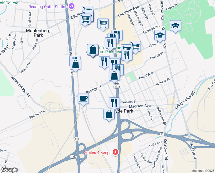 map of restaurants, bars, coffee shops, grocery stores, and more near 520 Muhlenberg Street in Reading