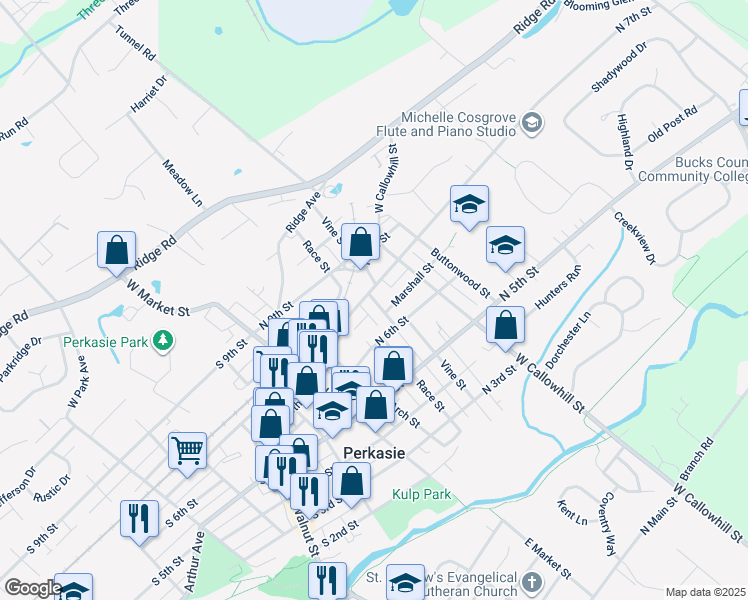 map of restaurants, bars, coffee shops, grocery stores, and more near 629 Race Street in Perkasie