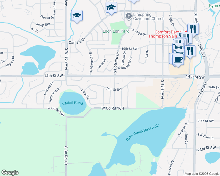 map of restaurants, bars, coffee shops, grocery stores, and more near 2333 15th Street Southwest in Loveland