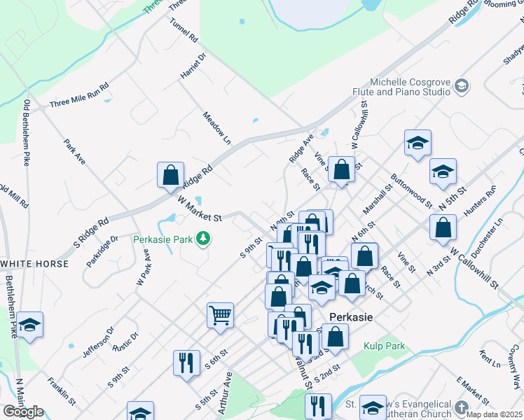 map of restaurants, bars, coffee shops, grocery stores, and more near 1002 Arch Street in Perkasie