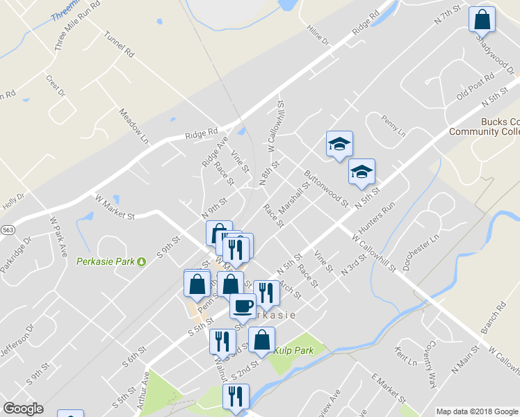 map of restaurants, bars, coffee shops, grocery stores, and more near 146 North 7th Street in Perkasie