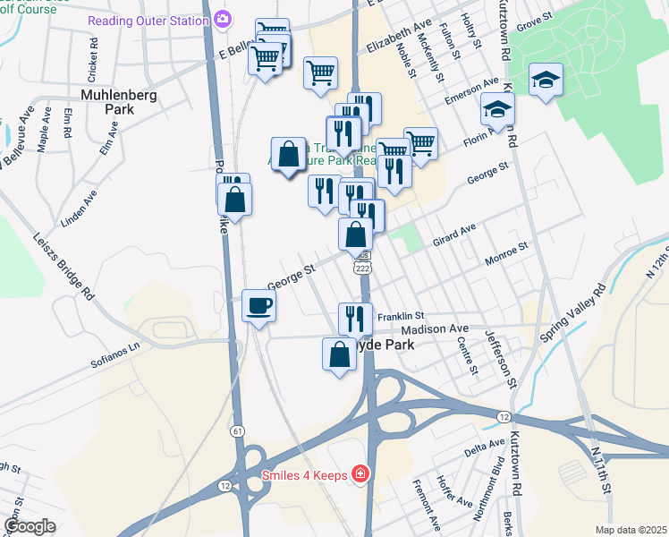 map of restaurants, bars, coffee shops, grocery stores, and more near 520 Muhlenberg Street in Reading