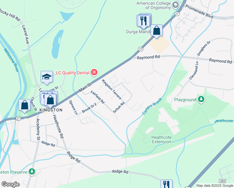 map of restaurants, bars, coffee shops, grocery stores, and more near 607 Kingston Terrace in Princeton