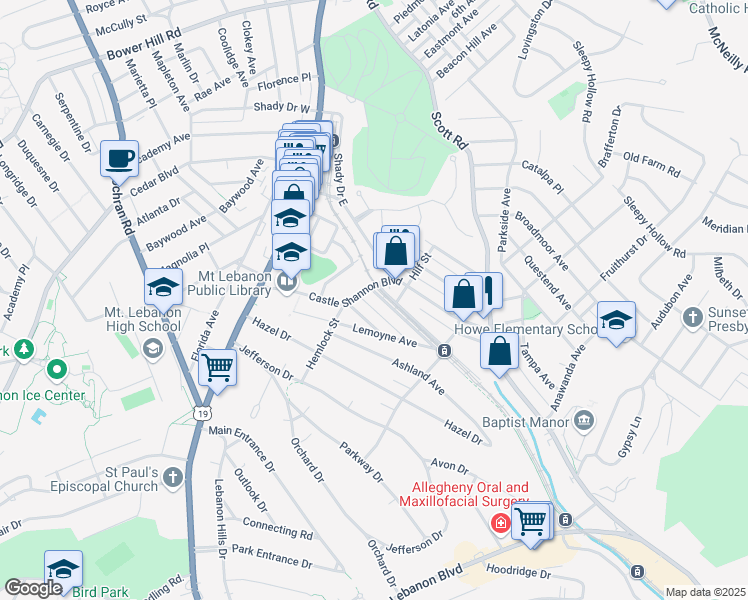 map of restaurants, bars, coffee shops, grocery stores, and more near 210 Pennsylvania Boulevard in Pittsburgh
