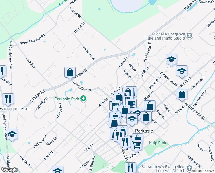 map of restaurants, bars, coffee shops, grocery stores, and more near 1002 Arch Street in Perkasie
