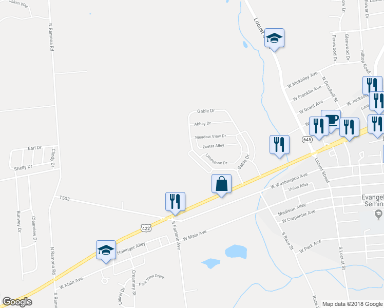 map of restaurants, bars, coffee shops, grocery stores, and more near 69 Gable Drive in Myerstown