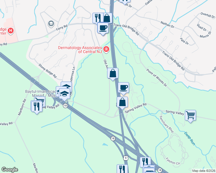 map of restaurants, bars, coffee shops, grocery stores, and more near 49 Old Amboy Road in Old Bridge