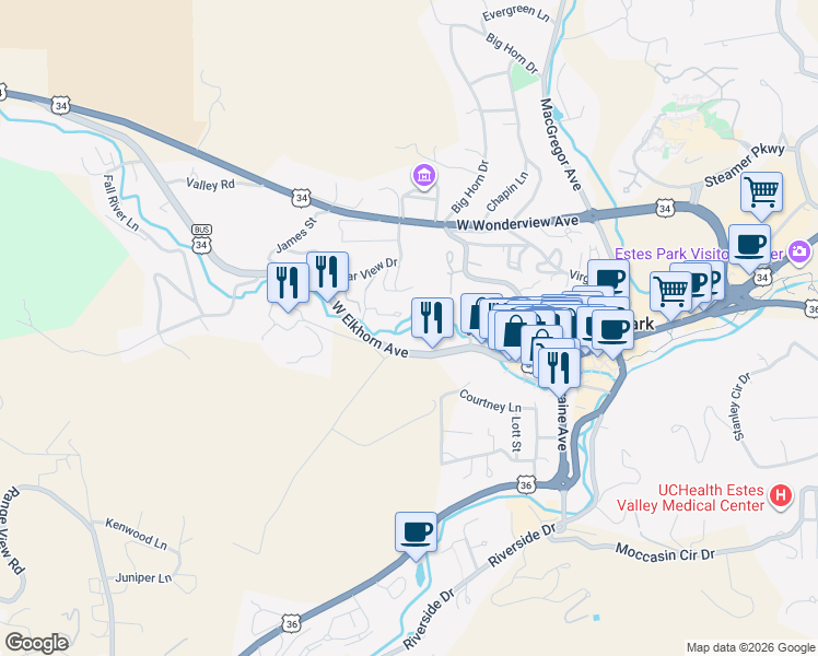 map of restaurants, bars, coffee shops, grocery stores, and more near 433 West Elkhorn Avenue in Estes Park