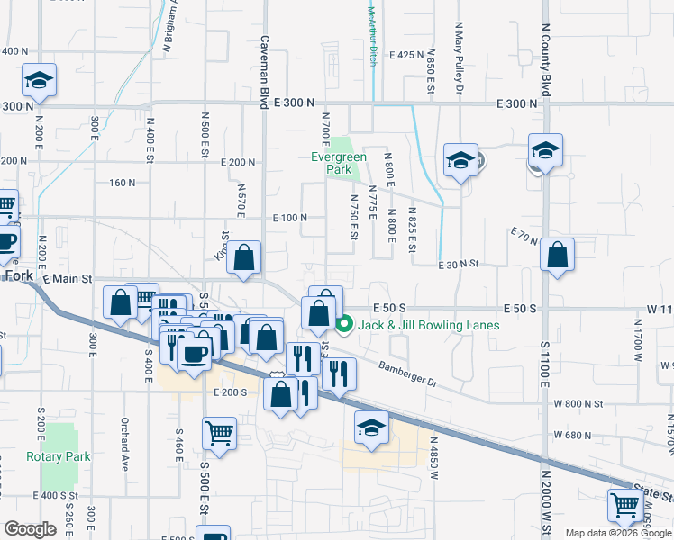 map of restaurants, bars, coffee shops, grocery stores, and more near 16 North 700 East in American Fork