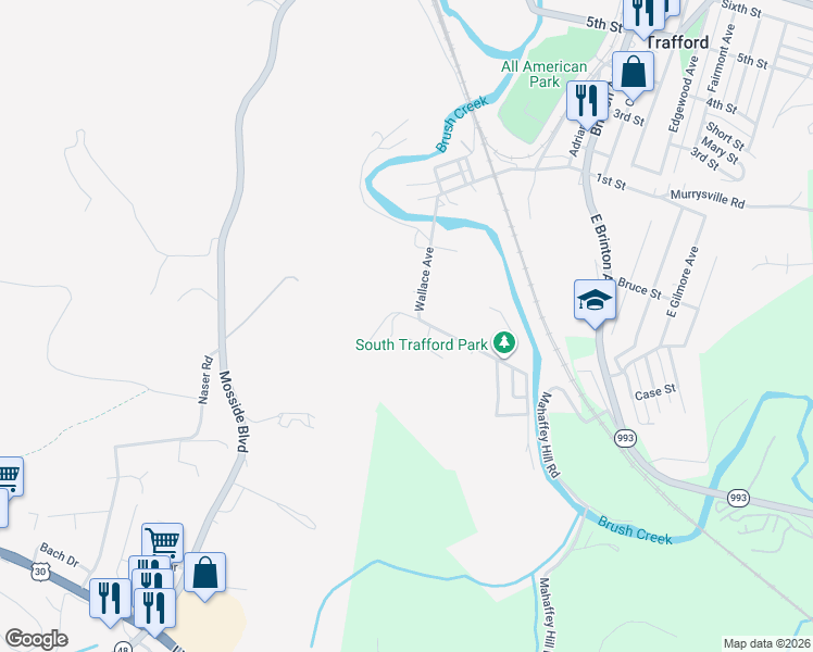map of restaurants, bars, coffee shops, grocery stores, and more near 305 Wallace Avenue in Trafford