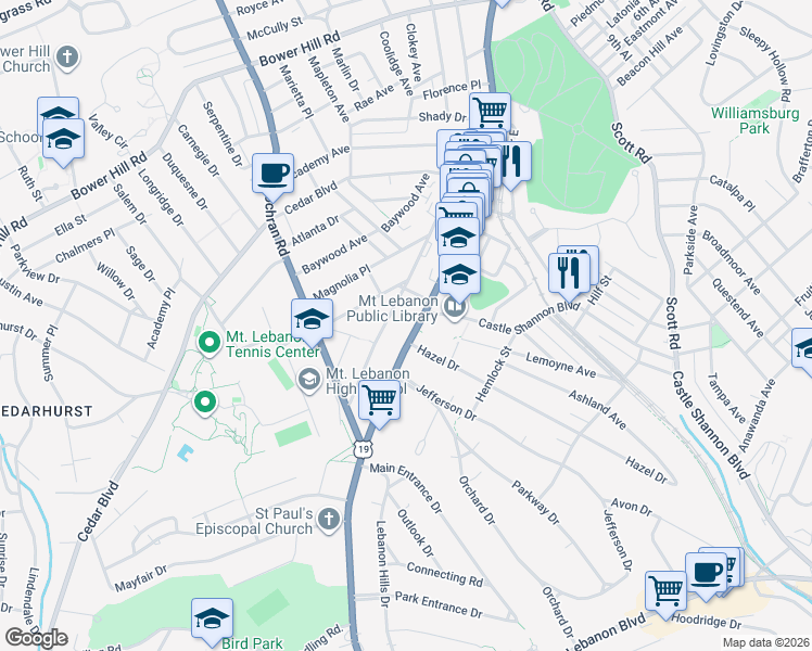 map of restaurants, bars, coffee shops, grocery stores, and more near 834 Washington Road in Pittsburgh