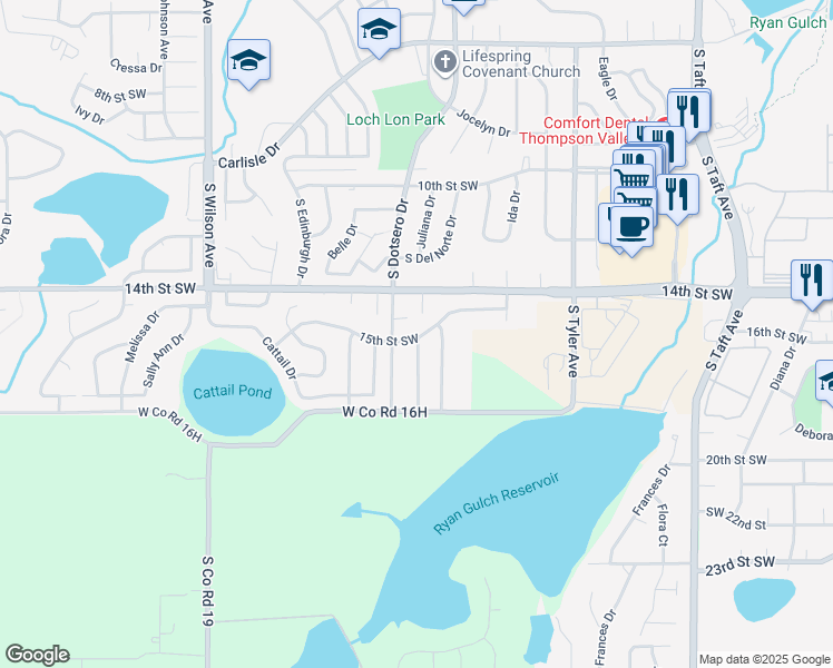 map of restaurants, bars, coffee shops, grocery stores, and more near 2217 15th Street Southwest in Loveland