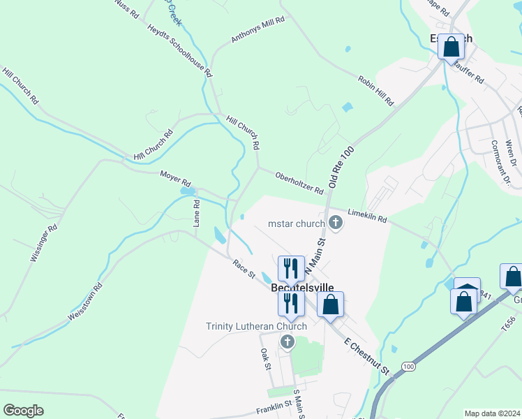 map of restaurants, bars, coffee shops, grocery stores, and more near 229 West Spring Street in Bechtelsville