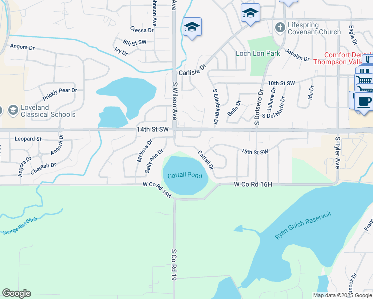 map of restaurants, bars, coffee shops, grocery stores, and more near 1468 Cattail Drive in Loveland