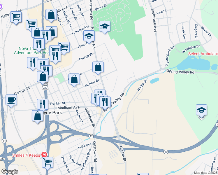 map of restaurants, bars, coffee shops, grocery stores, and more near 2807 Kutztown Road in Reading