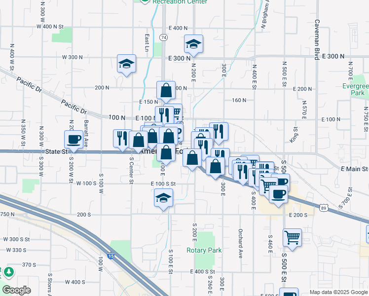 map of restaurants, bars, coffee shops, grocery stores, and more near 165 West Main Street in American Fork