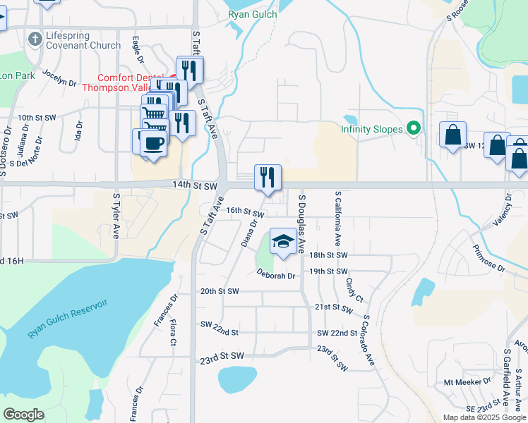 map of restaurants, bars, coffee shops, grocery stores, and more near 933 16th Street Southwest in Loveland